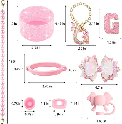 9PCS Pink for Stanley Cup Accessories Set Bling Initials Bow Charms for Stanley - Image 3