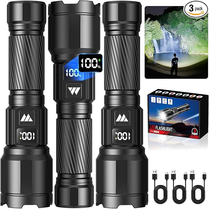 3 Pack Rechargeable Flashlights High Lumens, Super Bright LED Tactical by WdtPro