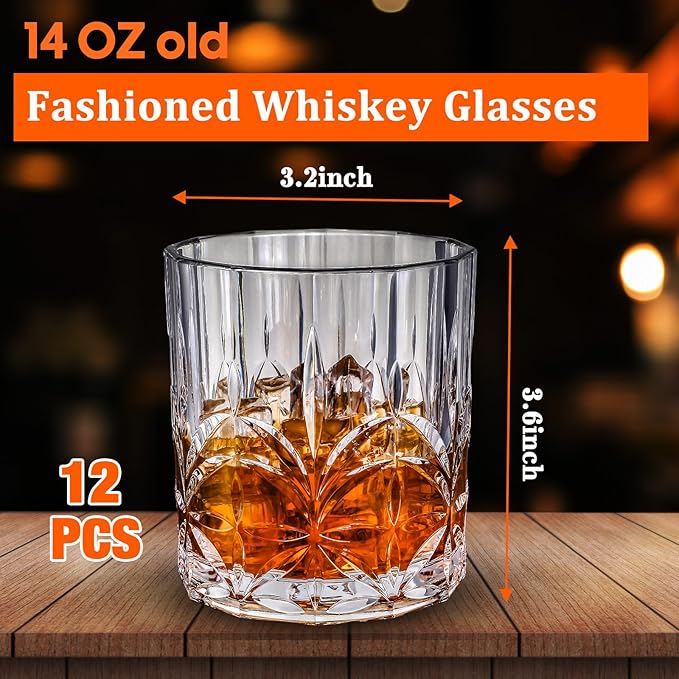 12 Sets Plastic Whiskey Glasses 14 oz Unbreakable Whiskey Drinking Glasses Old - Image 2