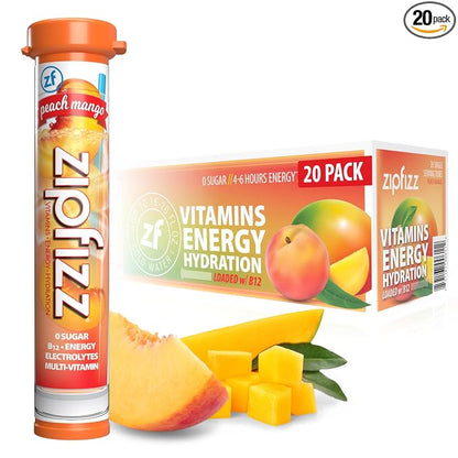 Zipfizz Daily Energy Drink Powder, Peach Mango, 20 Pack | 3-in-1 Sustained by Zipfizz
