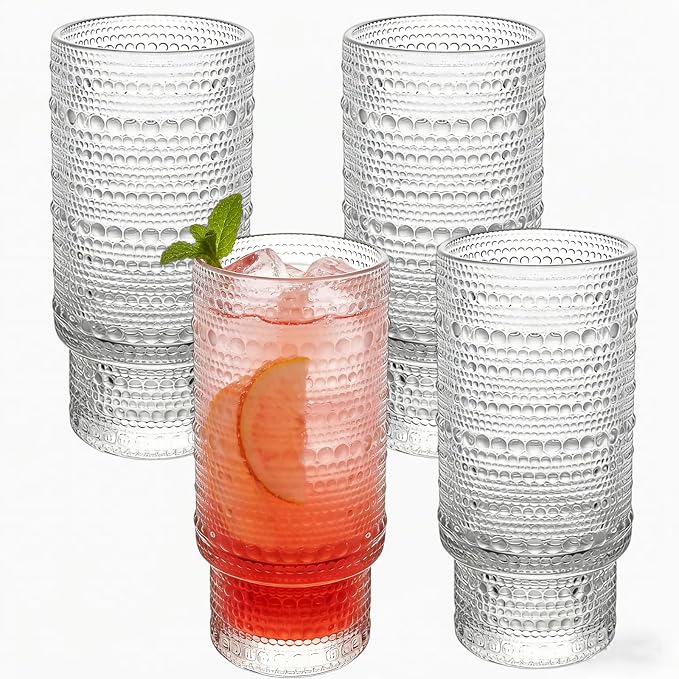 Large Capacity 16 oz Hobnail Drinking Glasses Set of 4, Vintage Glassware by Cowjut