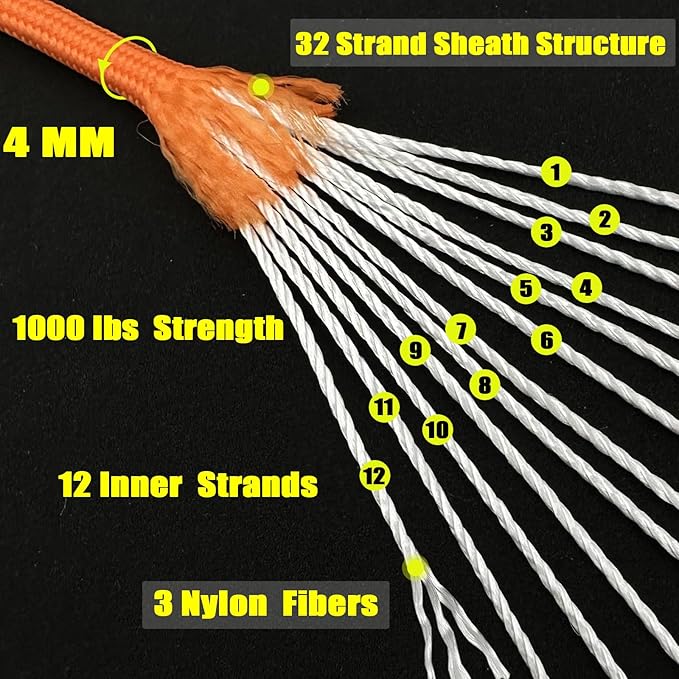 VVAAGG 1000 Orange Paracord 50FT Utility Parachute Cord 4mm Nylon String12 - Image 2