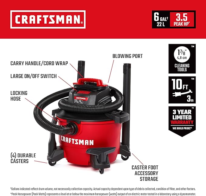 CRAFTSMAN CMXEVBE17584 6 Gallon 3.5 Peak HP Wet Dry Vac, Portable Shop Vacuum - Image 2