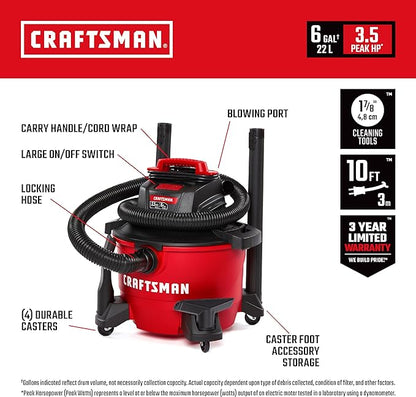 CRAFTSMAN CMXEVBE17584 6 Gallon 3.5 Peak HP Wet Dry Vac, Portable Shop Vacuum - Image 2