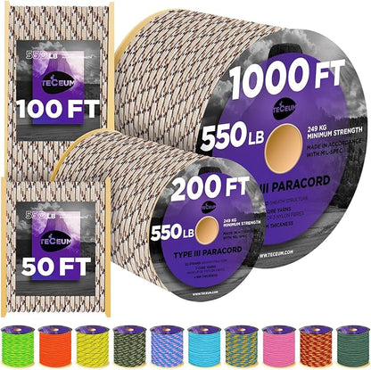TECEUM Reflective Paracord Rope 1000 – 1000ft/200ft/100ft/50ft – 40+ Colors – by TECEUM