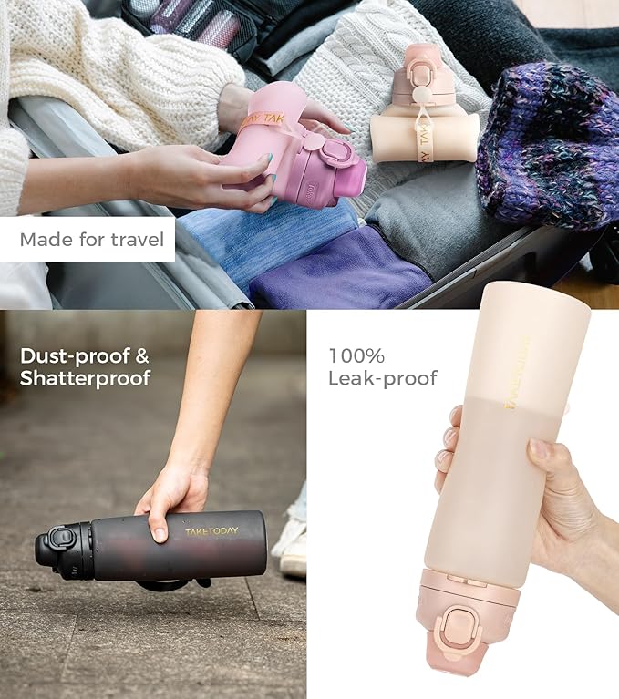TakeToday Collapsible Water Bottles 21oz, Foldable Platinum Silicone Travel - Image 8
