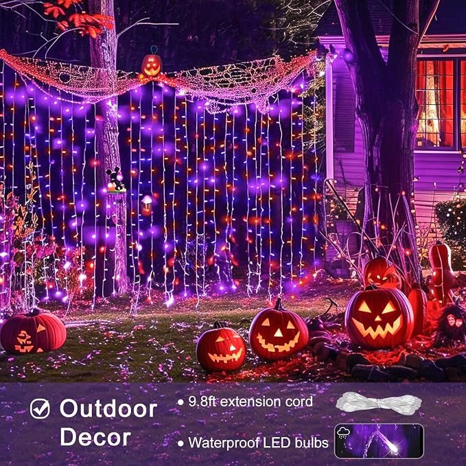 JMEXSUSS 300LED Orange and Purple Halloween Curtain Lights - Image 4