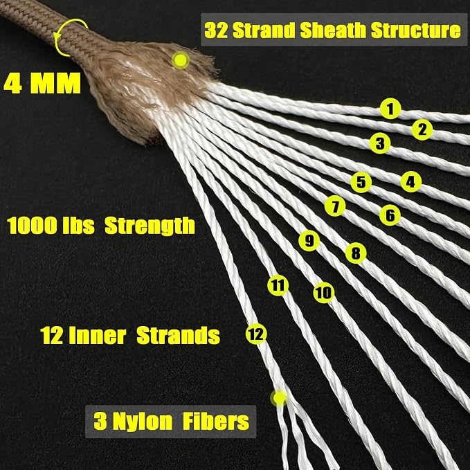 VVAAGG 1000 Tan Paracord 50FT Utility Parachute Cord 4mm Nylon String12 Strand - Image 2