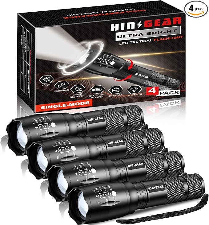 1 Mode Flashlights 4 Pack, Bright Zoomable LED Tactical Flashlight High Lumens by HINSGEAR
