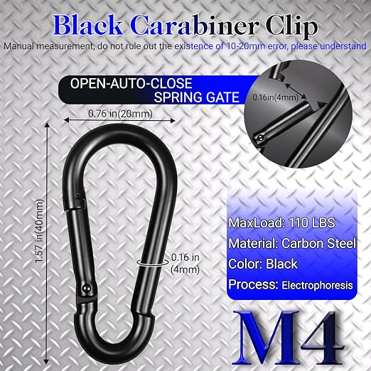 50 Pack 1.57" Heavy Duty Carabiner Clips, M4 Black Galvanized Steel Spring Snap - Image 2
