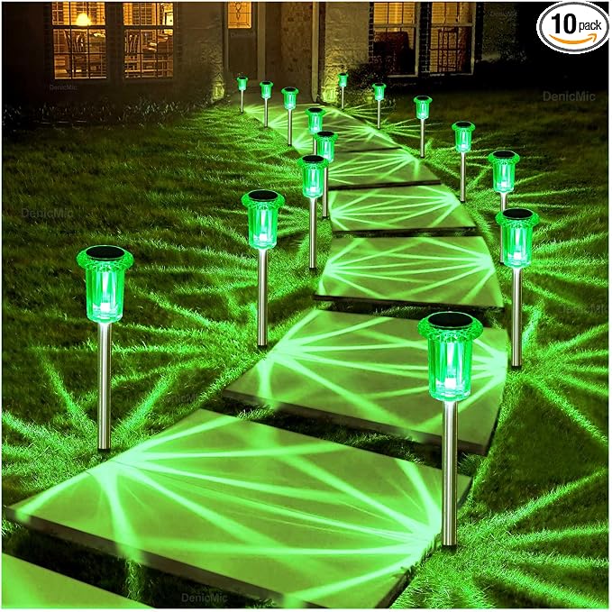DenicMic Solar Lights Outdoor 10 Pack Waterproof Green LED Stainless Steel by Denicmic