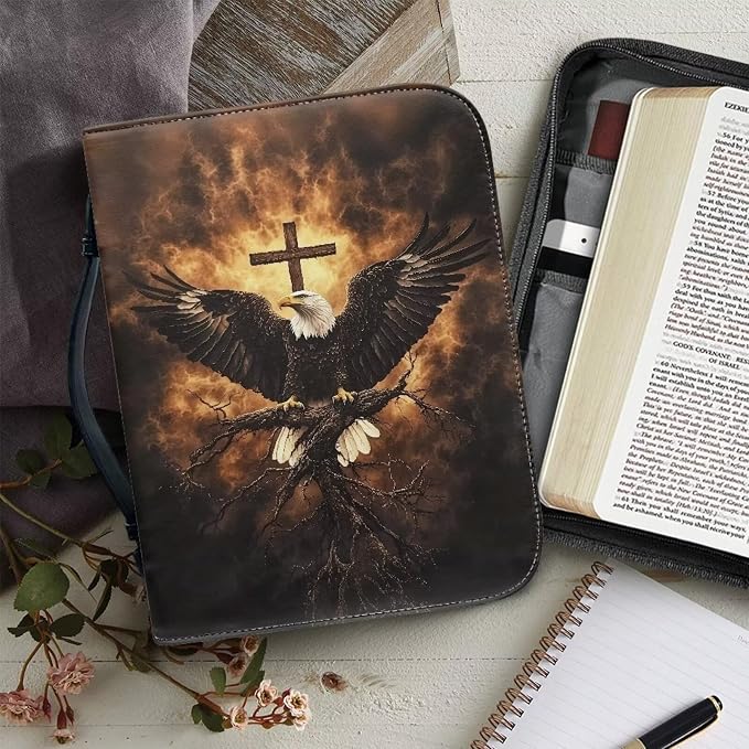 Large Bible Cover Case for Women Men Bald Eagle and Cross Print PU Leather - Image 5