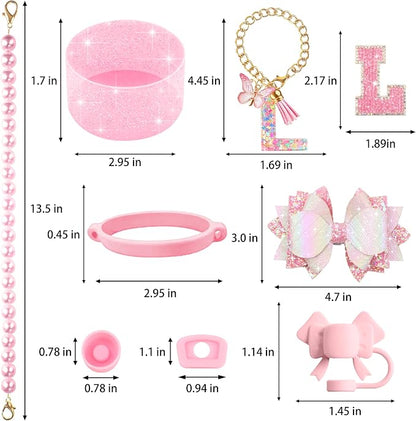 9PCS Pink for Stanley Cup Accessories Set Bling Initials Bow Charms for Stanley - Image 3