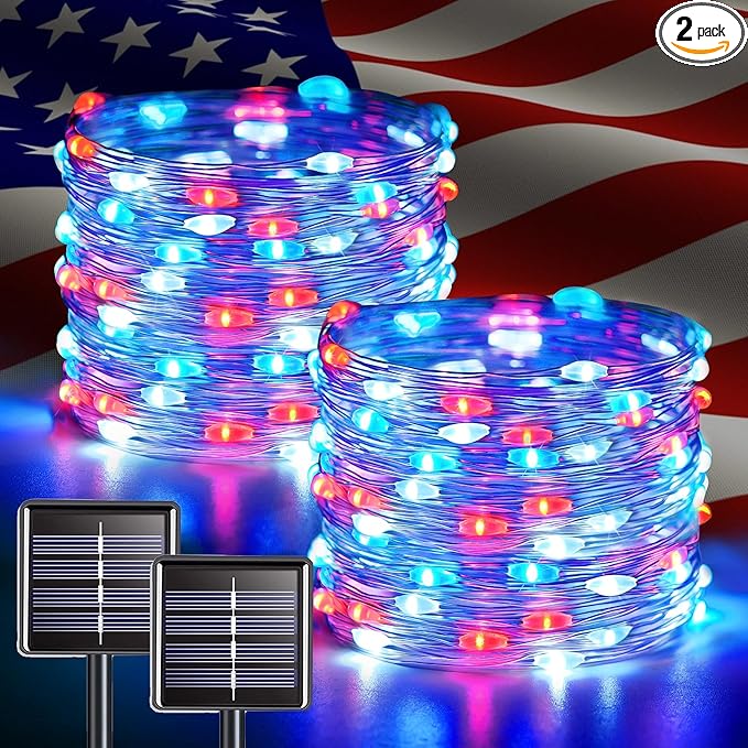 JMEXSUSS 2 Pack Red White and Blue Solar Lights, Each 100 LED 33FT Solar Fairy by JMEXSUSS