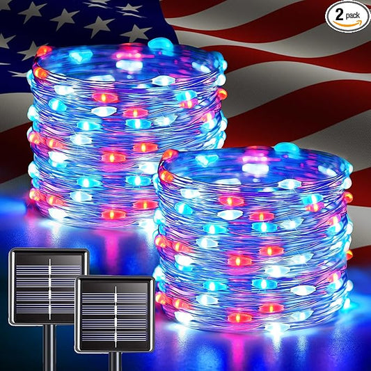 JMEXSUSS 2 Pack Red White and Blue Solar Lights, Each 100 LED 33FT Solar Fairy by JMEXSUSS