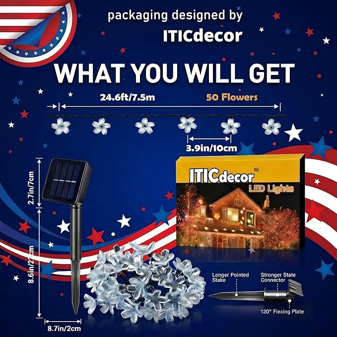ITICdecor 50 LED Solar Flower String Lights Outdoor Waterproof 4th of July - Image 7