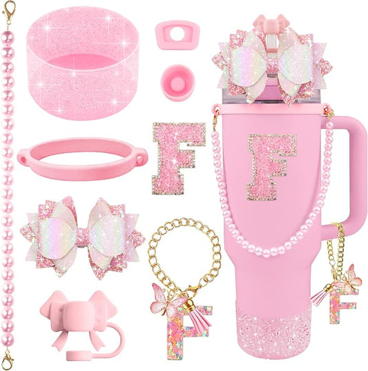 9PCS Pink for Stanley Cup Accessories Set Bling Initials Bow Charms for Stanley by Unknown