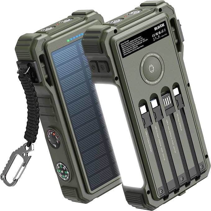 BLAVOR Solar Power Bank 20000mAh Built-in Cables, Wireless Charger by BLAVOR