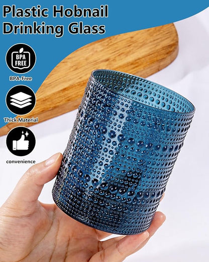 YOUBET 24PCS Plastic Drinking Glasses - 14OZ Blue Hobnail Drinkware Glasses - - Image 4