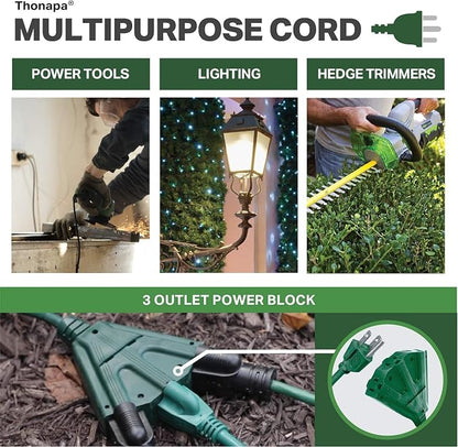 Thonapa Weatherproof Green Extension Cord 25 ft 3 Outlets, 16/3 SJTW Outdoor - Image 6