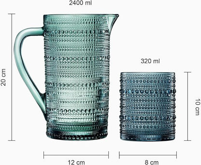 Khen Hobnail Beaded Pitcher & Tumbler Glasses Set | Set of 6 Glasses & Carafe| - Image 5