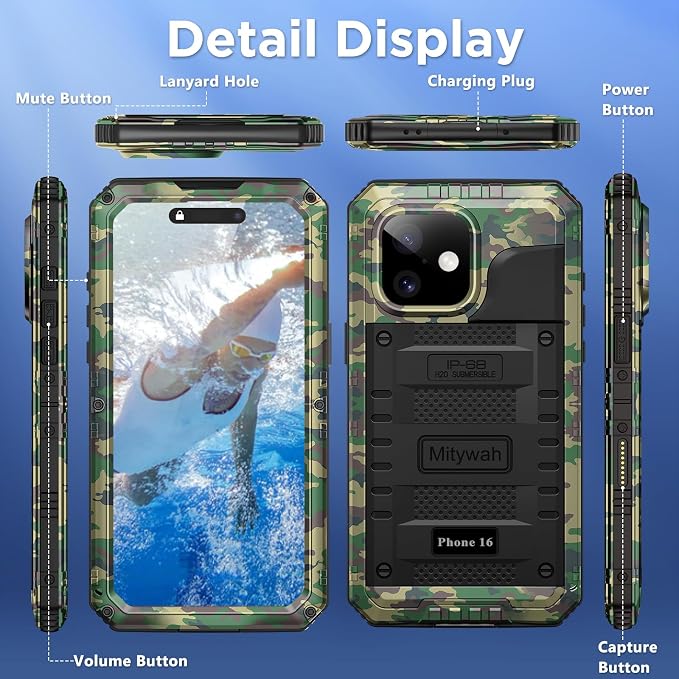 Mitywah Waterproof Case for iPhone 16, Shockproof Heavy Duty Case - Image 8