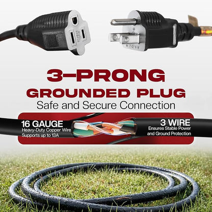 10ft Black Extension Cord, 16/3 SJTW Heavy-Duty, Weather-Resistant Power Strip - Image 8