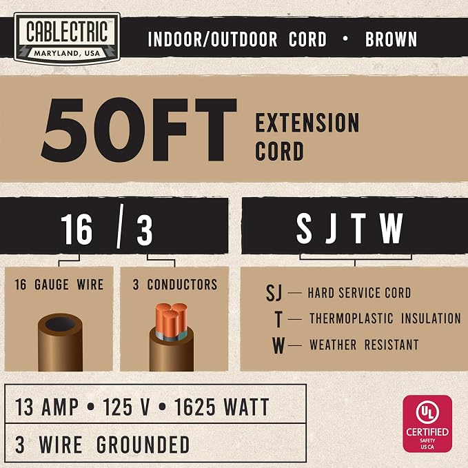 Brown Outdoor Extension Cord 50 ft, 16/3 Heavy Duty Cable - Image 2
