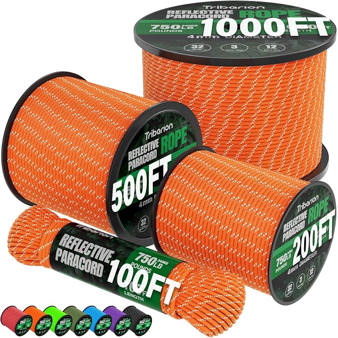 Reflective Paracord Rope 750 lb - 1000ft 5/32" Parachute Cord 4MM 12-Strand by Triberion