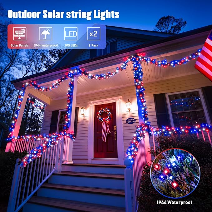 JMEXSUSS 2 Pack Red White and Blue Solar Lights 100LED 33ft Patriot Solar - Image 4