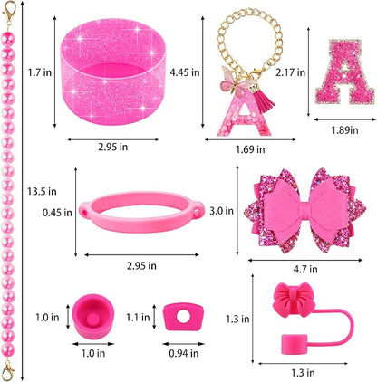 9PCS Hot Pink for Stanley Cup Accessories Set Bling Initials Bow Charms for - Image 3