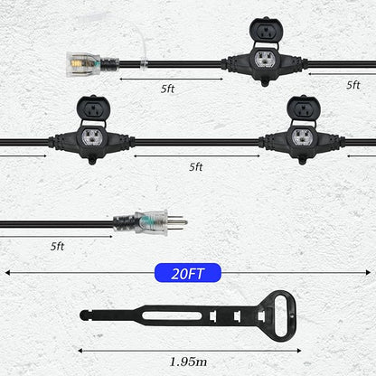 20FT 16 Gauge Multi-Outlet Outdoor Extension Cord, 4 Evenly Spaced Weatherproof - Image 2