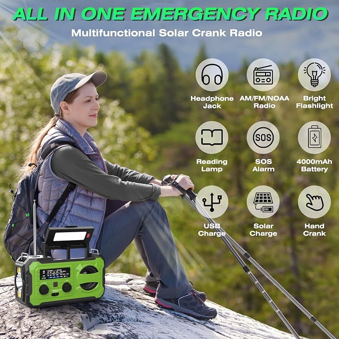 NITIGO Emergency Weather Radio 37000mWh Solar Hank Crank Radio USB Charged - Image 9