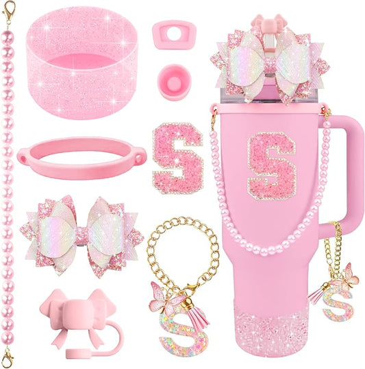 9PCS Pink for Stanley Cup Accessories Set 30/40 Oz Bling Initials Bow Charms by Unknown