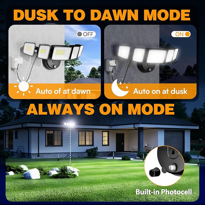 Onforu 150W 15000LM Dusk to Dawn Outdoor Lighting, 5 Heads Plug in Flood Lights - Image 3