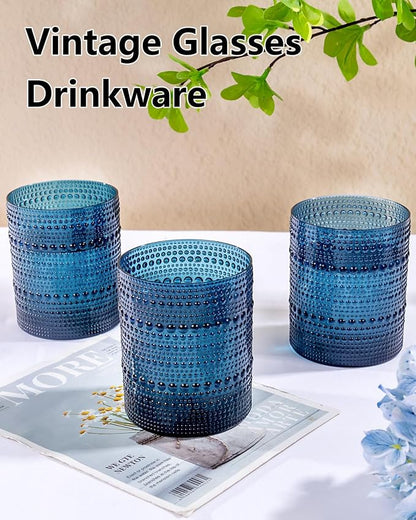 YOUBET 24PCS Plastic Drinking Glasses - 14OZ Blue Hobnail Drinkware Glasses - - Image 5