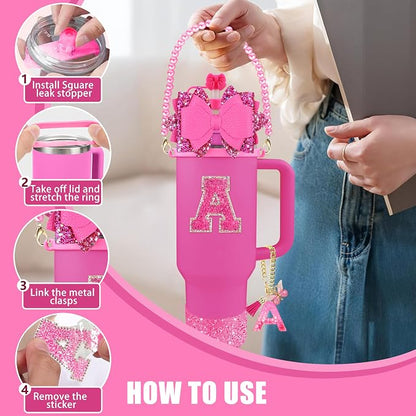 9PCS Hot Pink for Stanley Cup Accessories Set Bling Initials Bow Charms for - Image 5