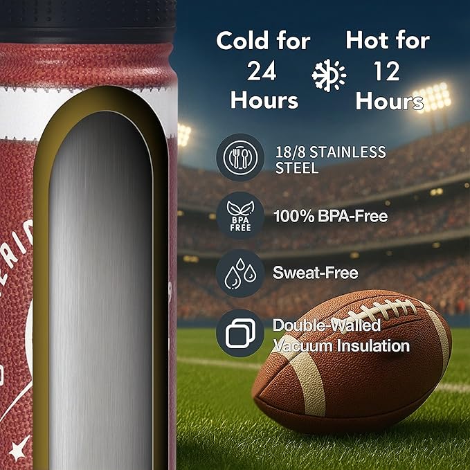 Football Water Bottle, 24 oz Insulated Stainless Steel Sports Bottle - Image 6