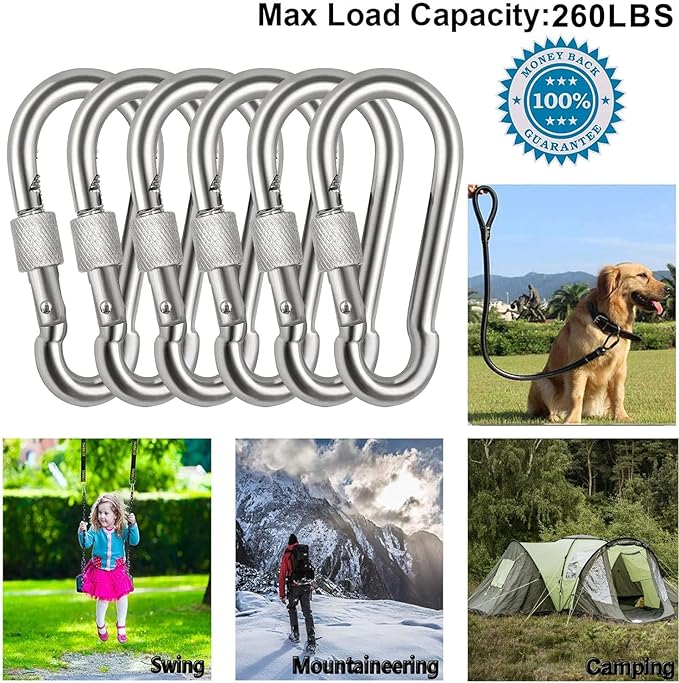 Locking Carabiner Clips, Stainless Steel Spring Snap Hook Locking Carabiner - Image 2