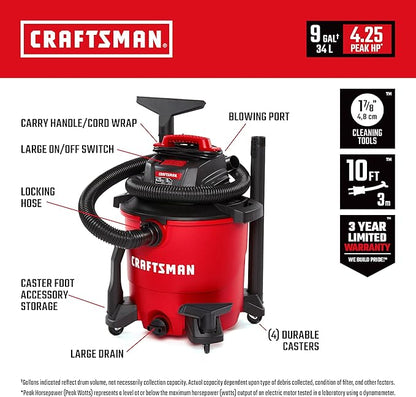 CRAFTSMAN CMXEVBE18690 9 Gallon 4.25 Peak HP Wet Dry Vac, Portable Shop Vacuum - Image 2