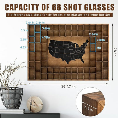 68 Slots 40 x 28'' Large World Map Shot Glass Display Case Rustic Wood Shot - Image 2