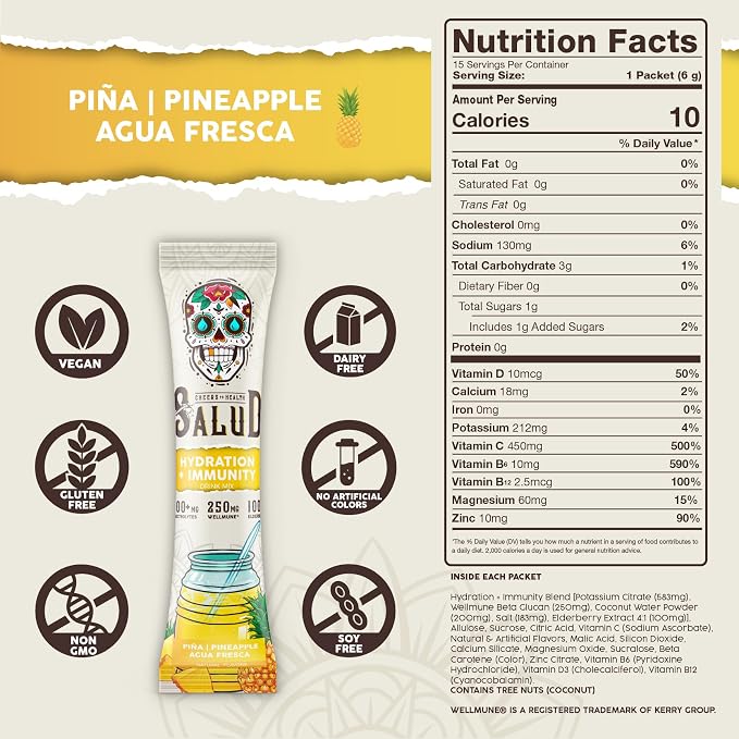 Salud 2-in-1 Hydration Packets + Immunity Electrolytes Powder, Pineapple - Image 3