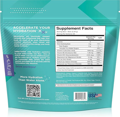 Electrolyte Powder Sugar-Free Hydration Packets Acai Berry HydroMATE 30 Sticks - Image 4