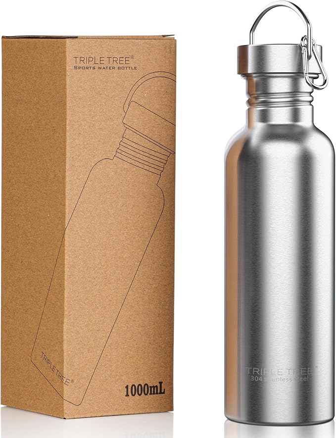TRIPLE TREE 34 OZ Uninsulated Single Walled Stainless Steel Sports Water Bottle by TRIPLETREE