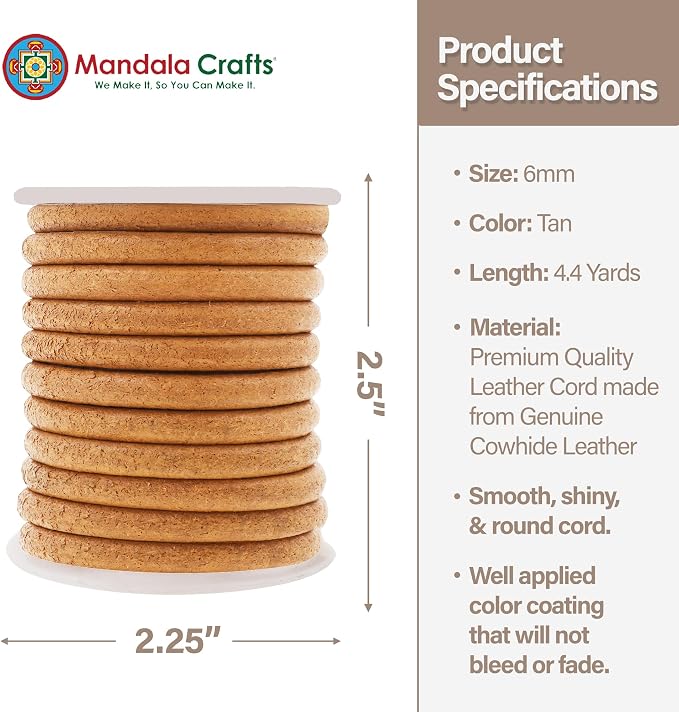 Mandala Crafts Round Genuine Tan Leather Cord - Image 4