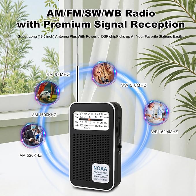 Portable Personal NOAA Weather Radio, 4-Band AM/FM/SW/WB Emergency Transistor - Image 2