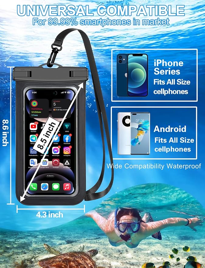 Famoby Up to 8.3" 3 Pack Black Universal Waterproof Phone Pouch, Phone - Image 3
