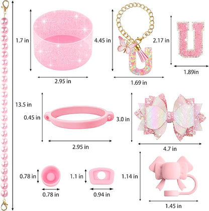 9PCS Pink for Stanley Cup Accessories Set Bling Initials Bow Charms for Stanley - Image 3