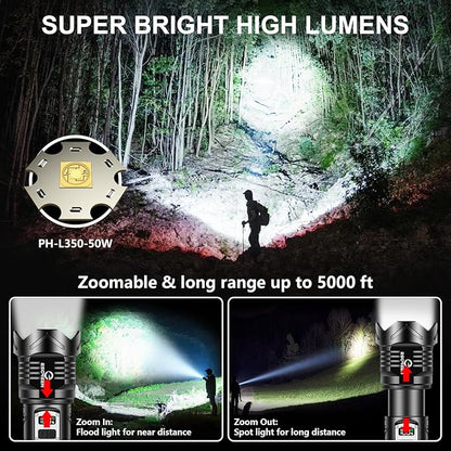 Super Bright Flashlight High Lumens 100000 Rechargeable, Strong 50W LED - Image 2