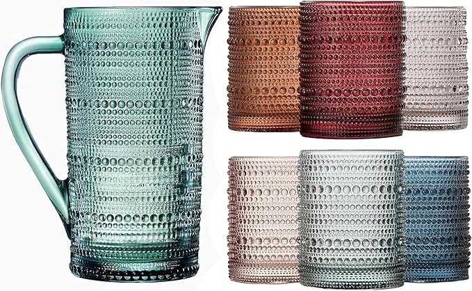 Khen Hobnail Beaded Pitcher & Tumbler Glasses Set | Set of 6 Glasses & Carafe| by Khen